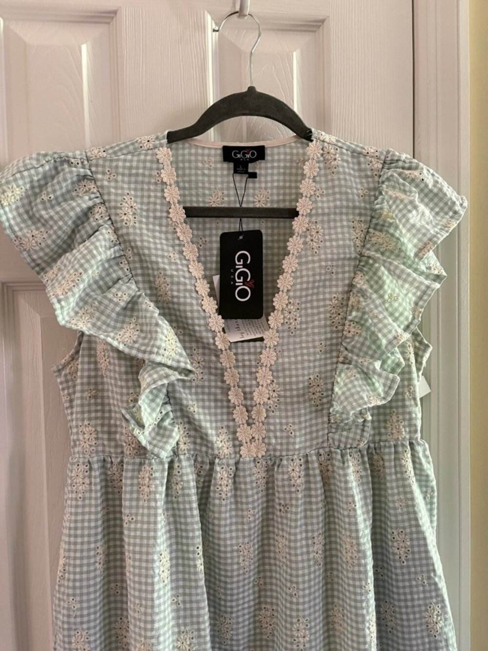 GiGio Green Gingham Plaid Embroidered Tiered Dress Large NEW - Picture 2 of 3
